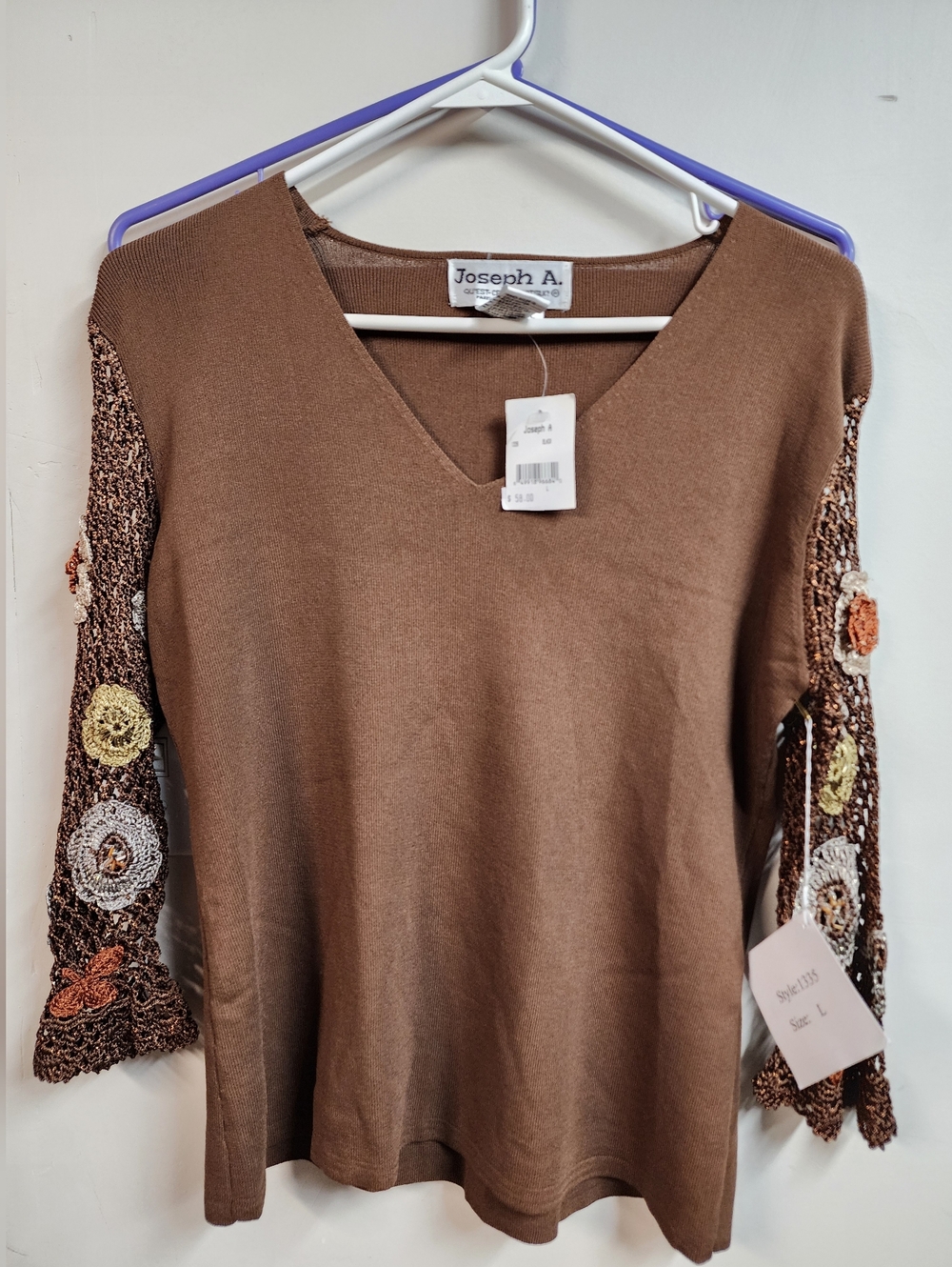 Joseph A Sweater Top Crochet Sleeve Boho V Neck Knit NWT Size Large